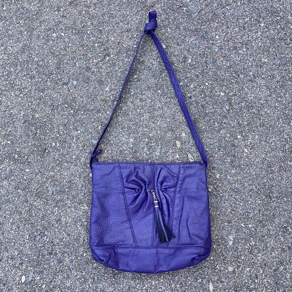 Empress, Vintage Purple Embossed Leather Shoulder Bag, Ruching & Tassel Accent - Picture 2 of 15